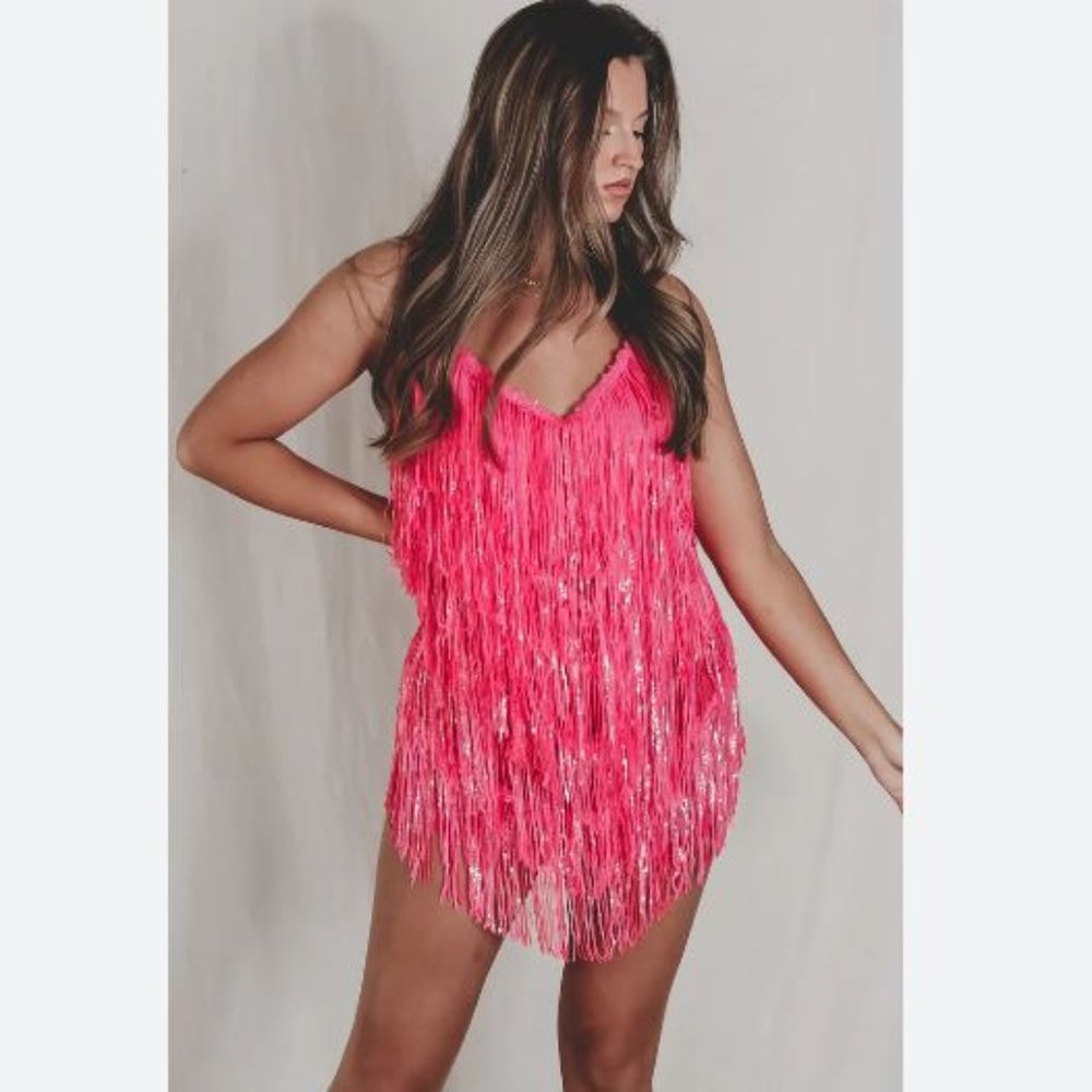 Amazing Lace SHAKE IT MY WAY SHORT FRINGE MINI DRESS Pink Medium